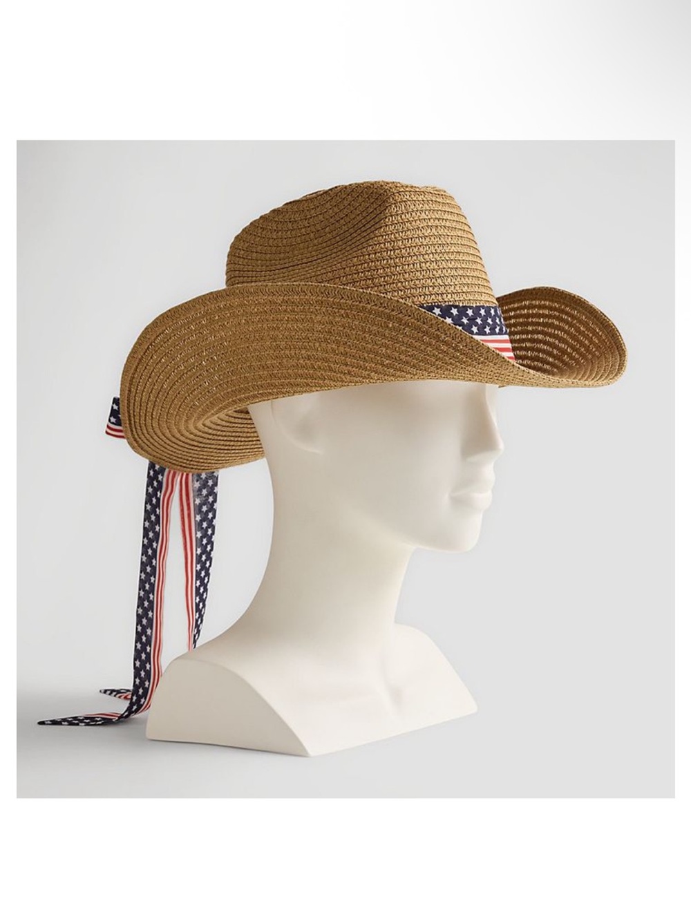 Straw Cowboy Hat with American Flag Ribbon - Brown